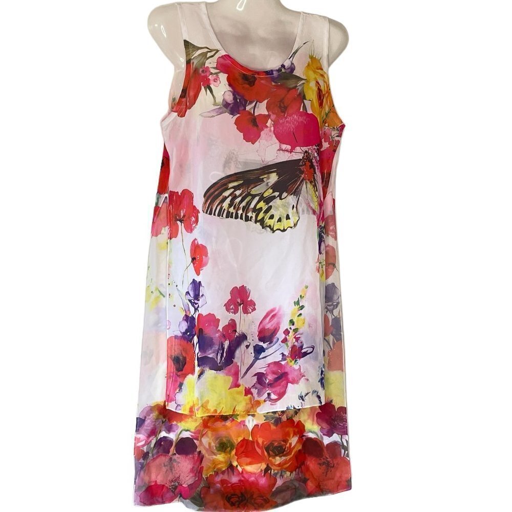 Topia Sheer Floral Tank Tunic with Elongated Slits Chiffon with Butterfly Fairy